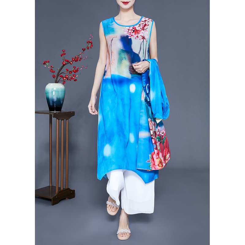 Bohemian Blue Stand Collar Oversized Print Silk Two Pieces Set Summer