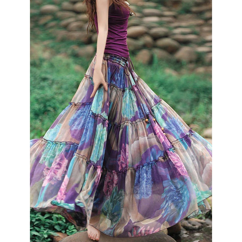 Bohemian Floral Print Drawstring Wrinkled Cotton Big Swing Maxi Skirt