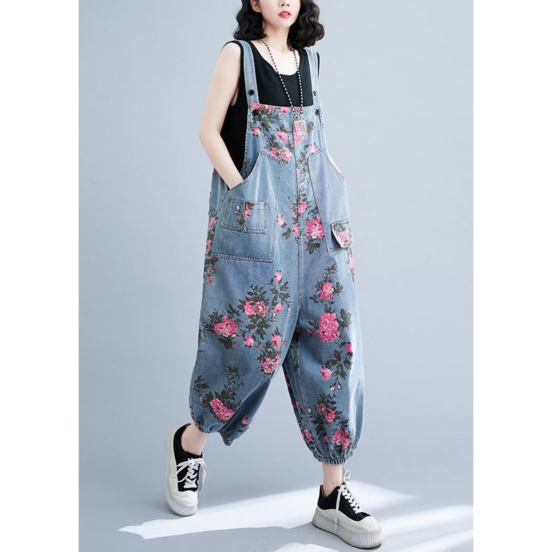 Bohemian Light Blue Oversize Print Pockets Denim Jumpsuits Summer