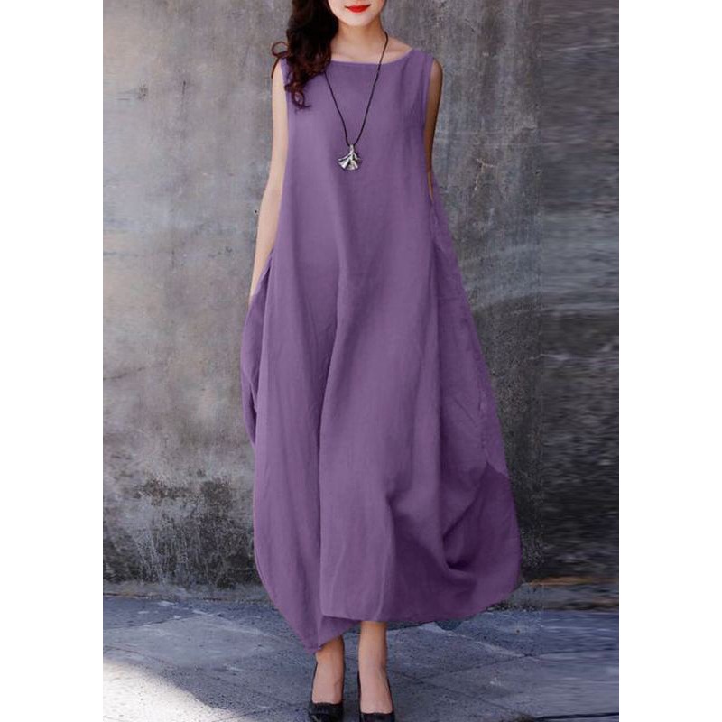 Bohemian Purple O-Neck Exra Large Hem Cotton Dresses Sleeveless