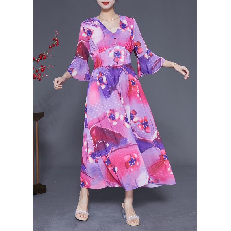Bohemian Rose Cinched Patchwork Print Silk Vacation Dress Summer