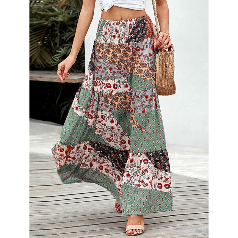 Boho Green Patchwork Shirred A Line Maxi Skirt