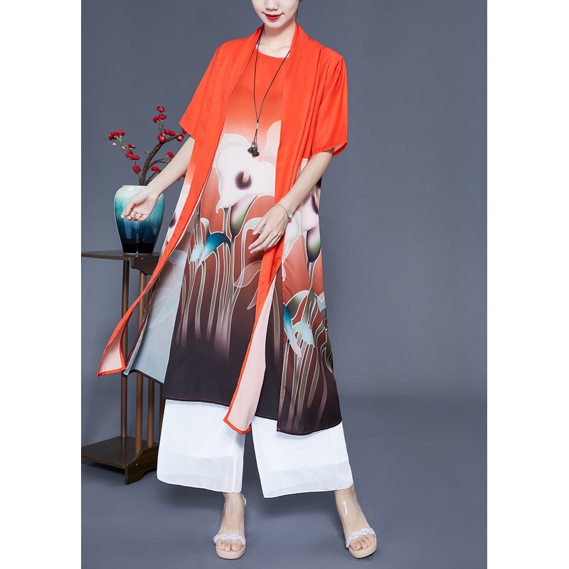 Boho Orange Oversized Print Side Open Silk Two Pieces Set Summer