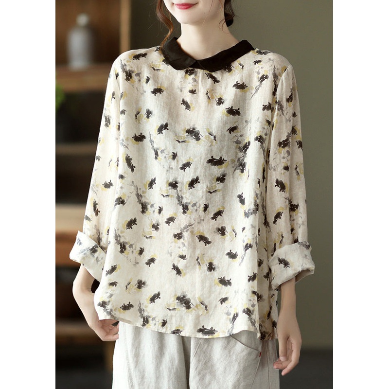 Boutique Beige Peter Pan Collar Ramie Shirt Spring