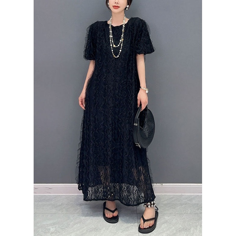 Boutique Black O-Neck Ruffled Patchwork Long Lace Dress