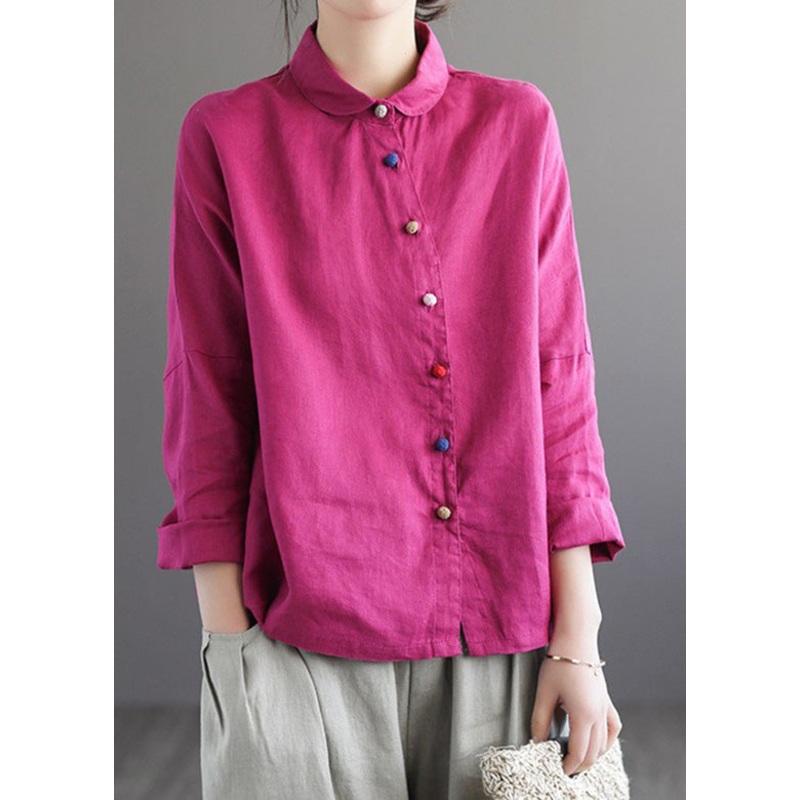 Brief Rose Peter Pan Collar Solid Linen Shirts Long Sleeve