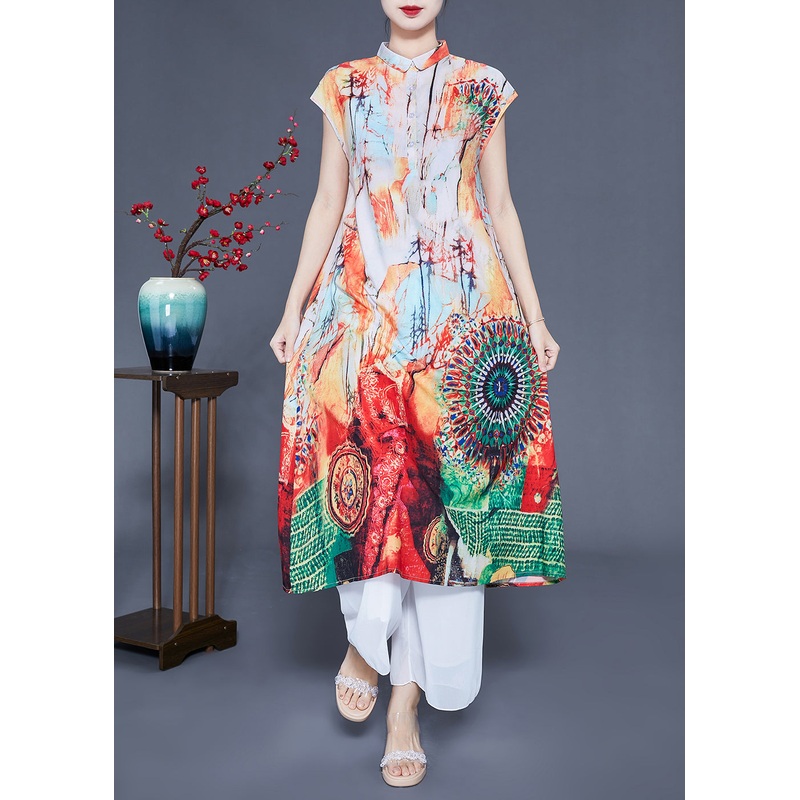 Casual Beige Print Slim Fit Silk Long Dress Summer