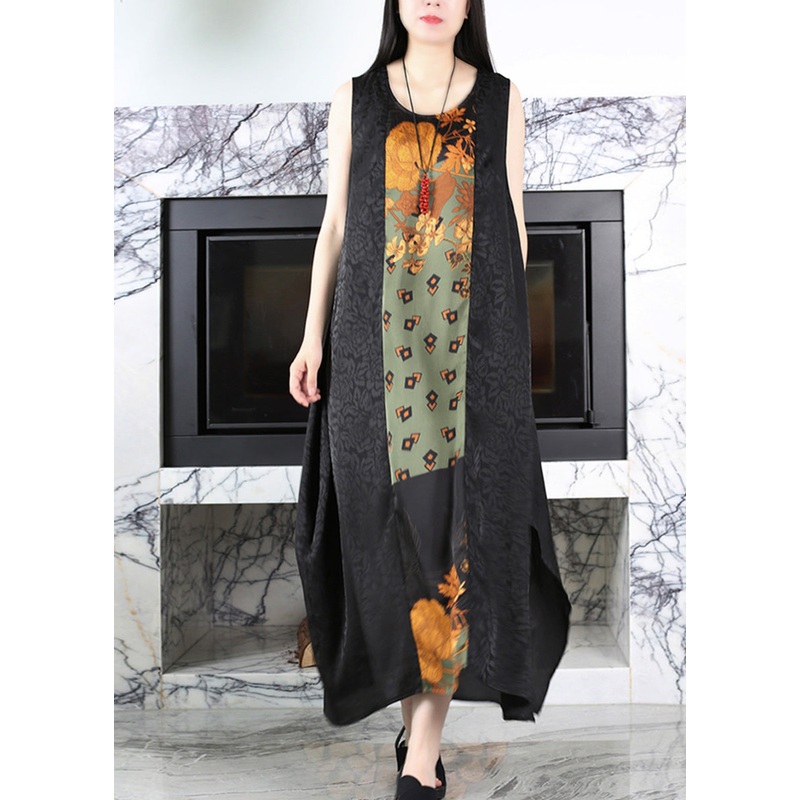 Casual Black O-Neck Print Side Open Silk Maxi Dress Summer