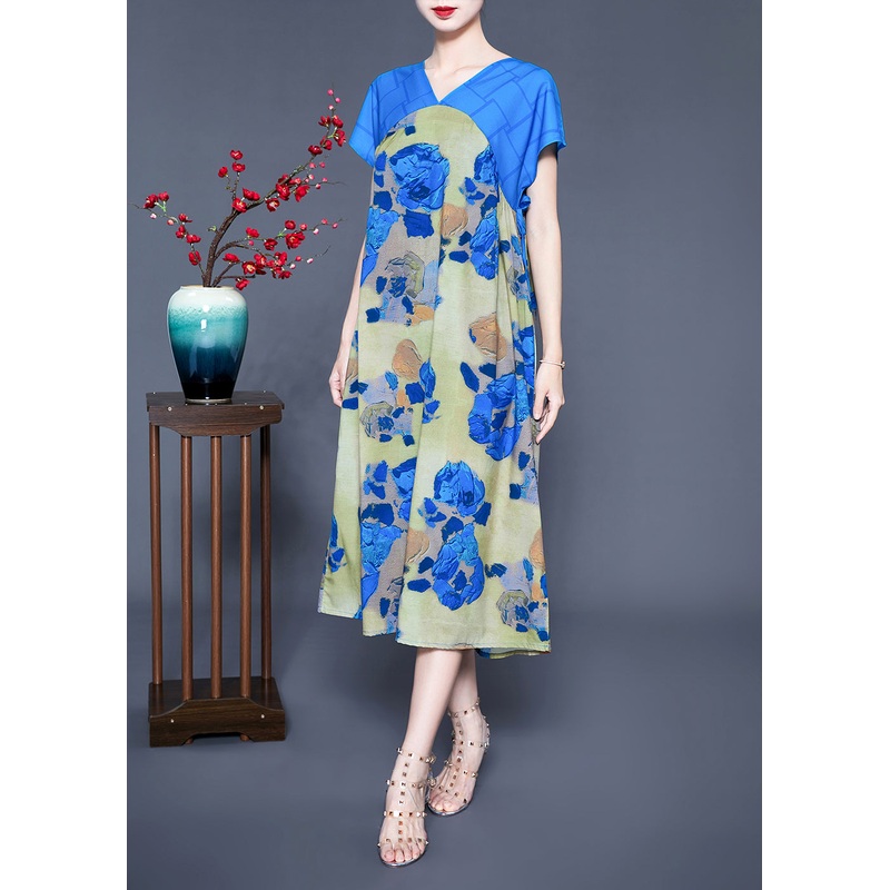 Casual Blue V Neck Patchwork Print Silk Holiday Dress Summer
