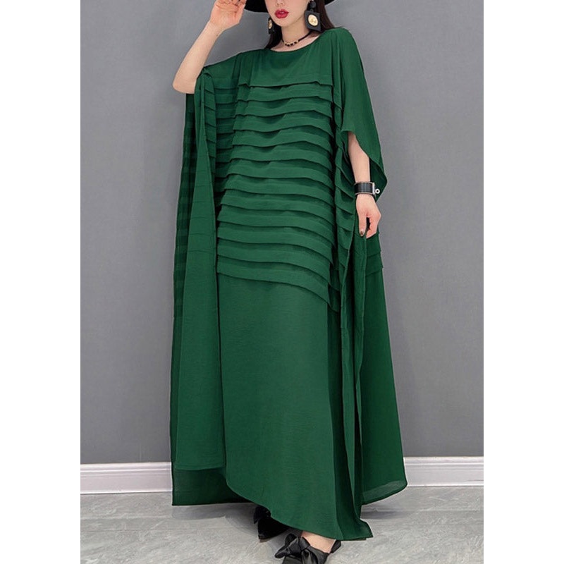 Casual Bohemian Green O-Neck Striped Chiffon Ankle Dress