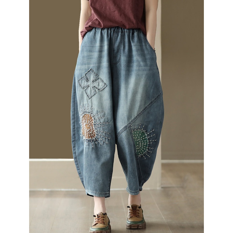 Casual Retro Patch Stitching Pocket Denim Pants
