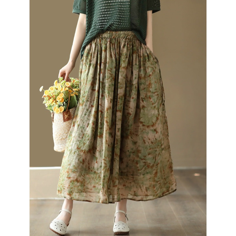 Casual Summer Artsy Floral Drawstring Loose Ramie Skirt