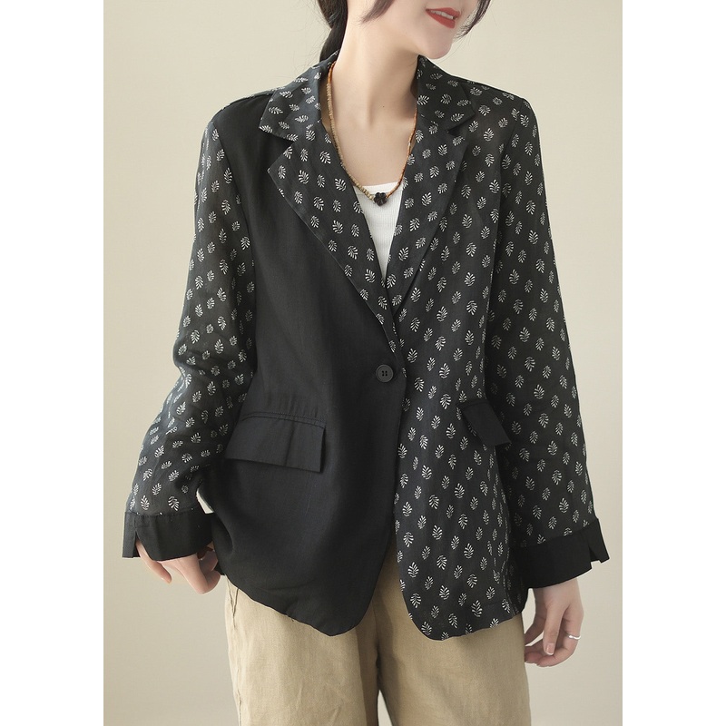 Chic Black Patchwork Button Ramie Coat Spring