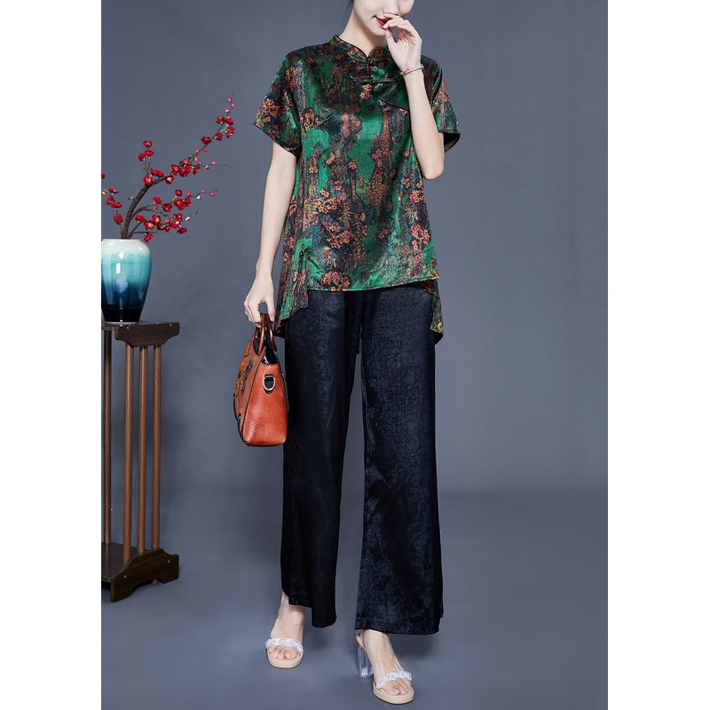 Chic Green Print Asymmetrical Design Silk Oriental Two-Piece Set Summer