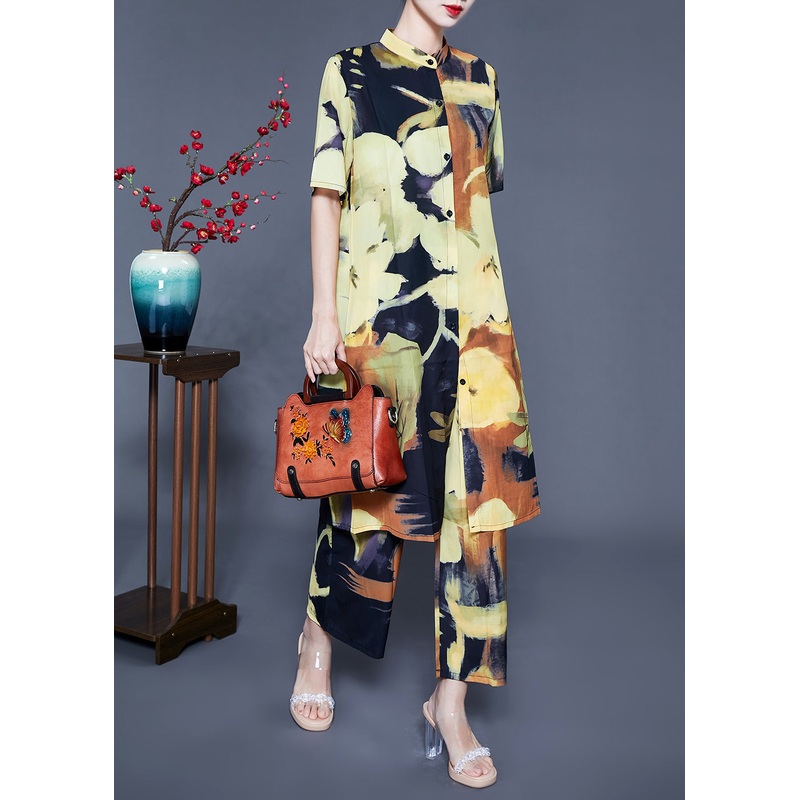 Classy Stand Collar Oversized Print Silk Two Piece Suit Set Summer