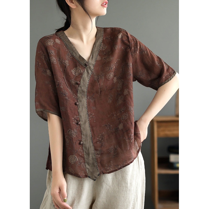 Coffee Patchwork Ramie T Shirt Short Sleeve