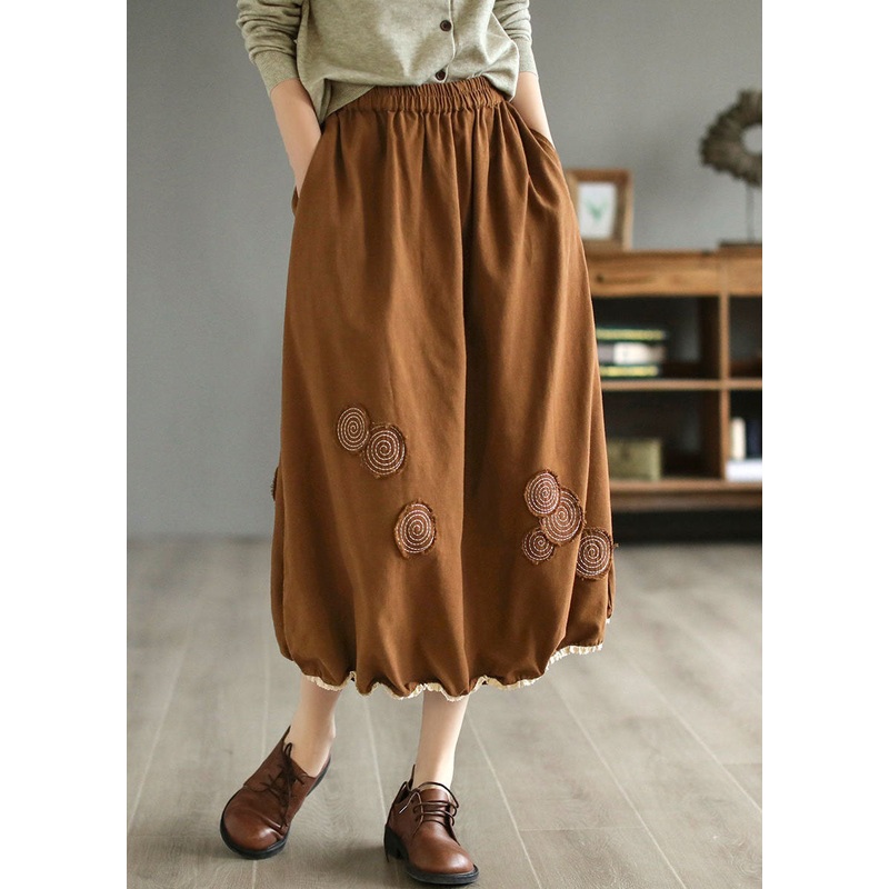 Coffee Pockets Patchwork Wrinkled Embroideried Cotton Skirts
