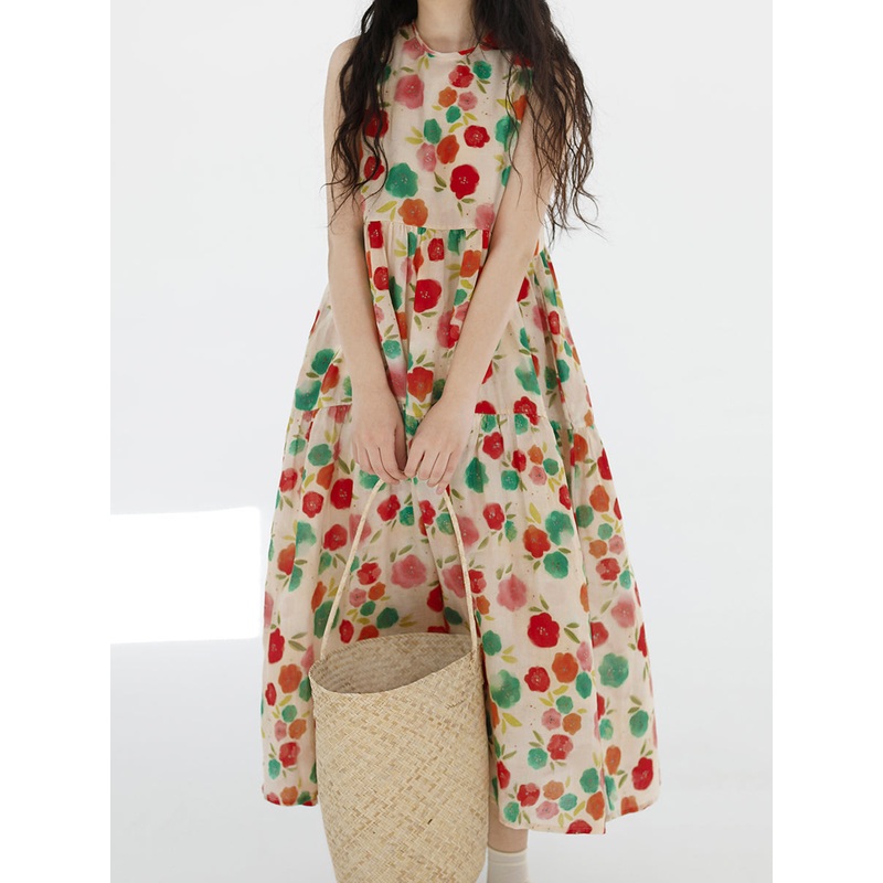 Cute O-Neck Flower Spliced Pleated Vest Dress