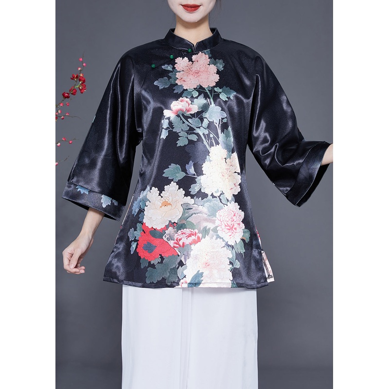 Diy Black Stand Collar Print Side Open Silk Shirt Bracelet Sleeve