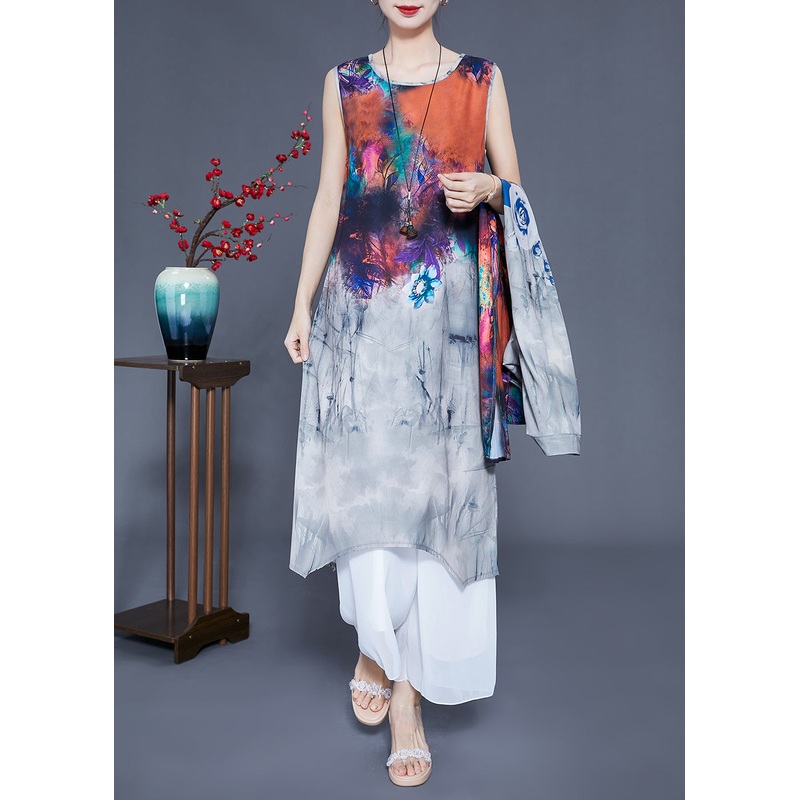 Diy Grey Stand Collar Oversized Tie Dye Silk Two Piece Set Women Clothing Summer