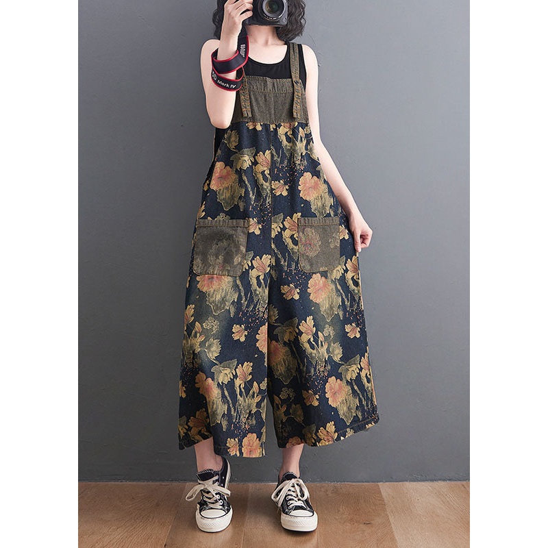 DIY Navy Print Pockets Patchwork Denim Jumpsuits Summer