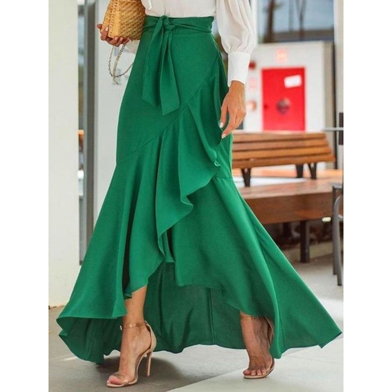 Elegant Plain Solid Color Spliced Ruffle Mermaid Skirt