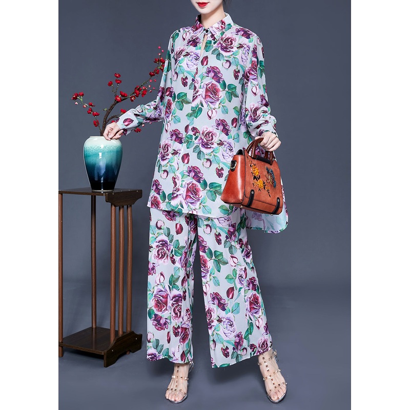 Elegant Purple Floral Print Side Open Silk Tops And Pants Two Pieces Set Spring