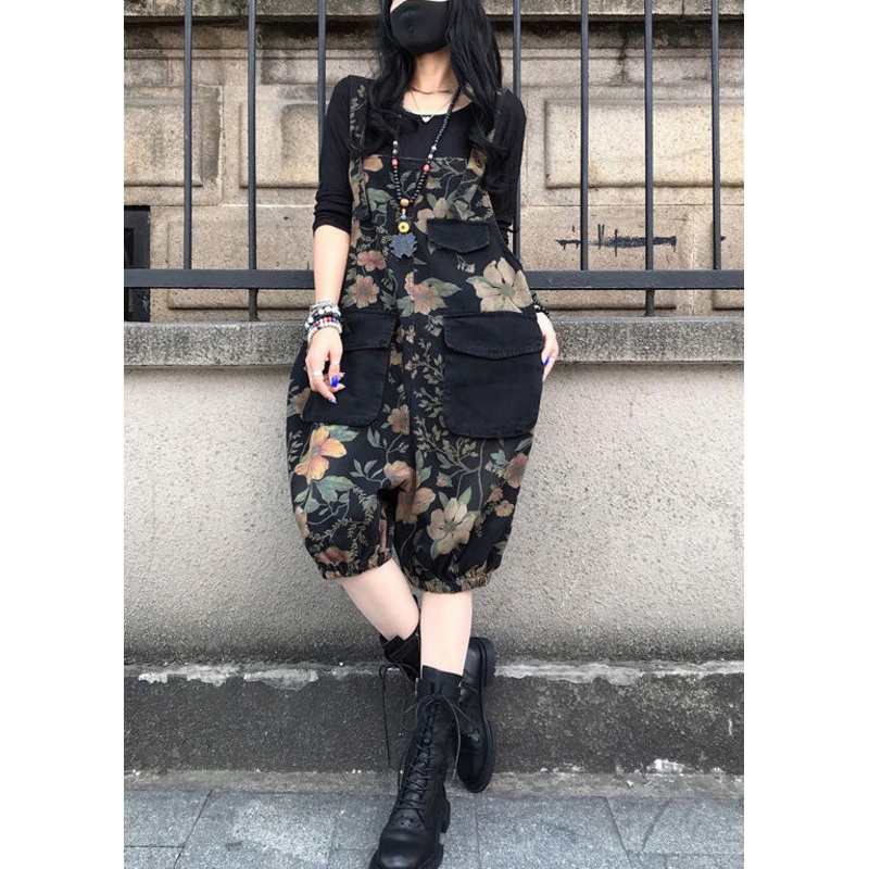Fashion Slash Neck Print Patchwork Button Denim Jumpsuit