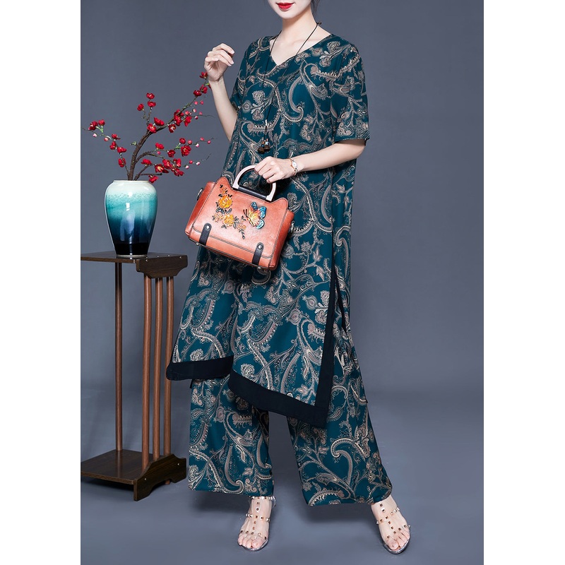 Fine Blackish Green V Neck Patchwork Print Silk Two Pieces Set Summer