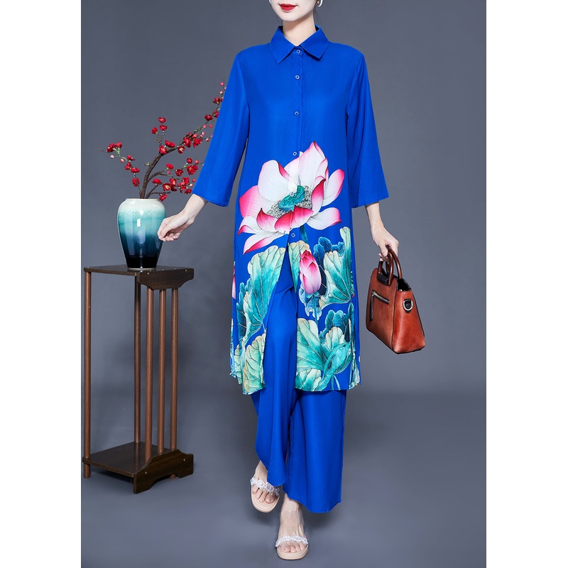 Fine Blue Peter Pan Collar Floral Print Draping Silk Two Pieces Set Spring
