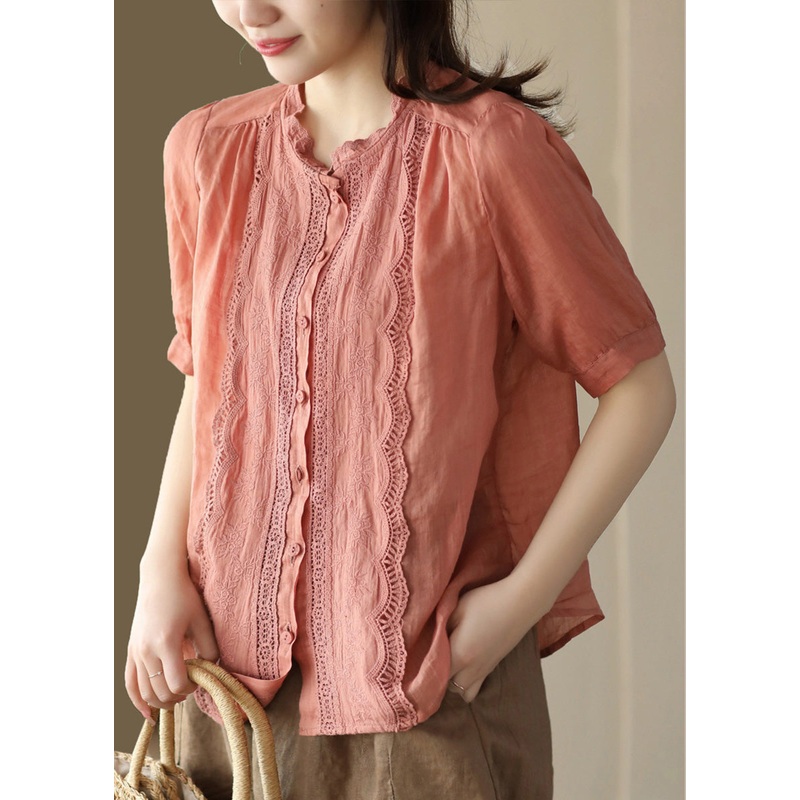 Fine Orange O-Neck Patchwork Hollow Out Button Ramie Shirts Short Sleeve