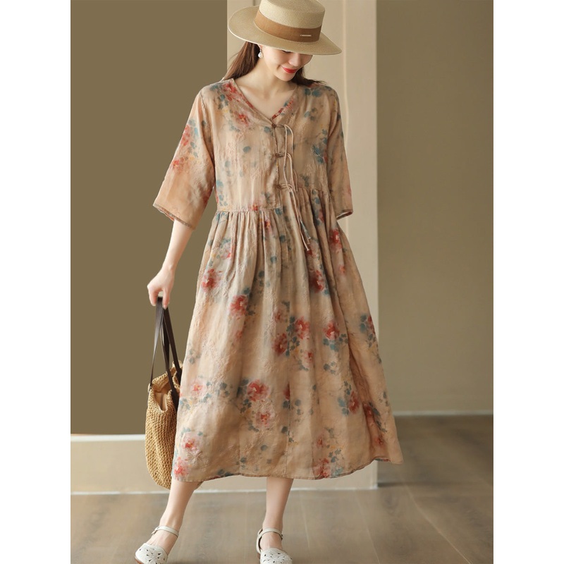 Flower Print National Drawstring Pleated Ramie Dress