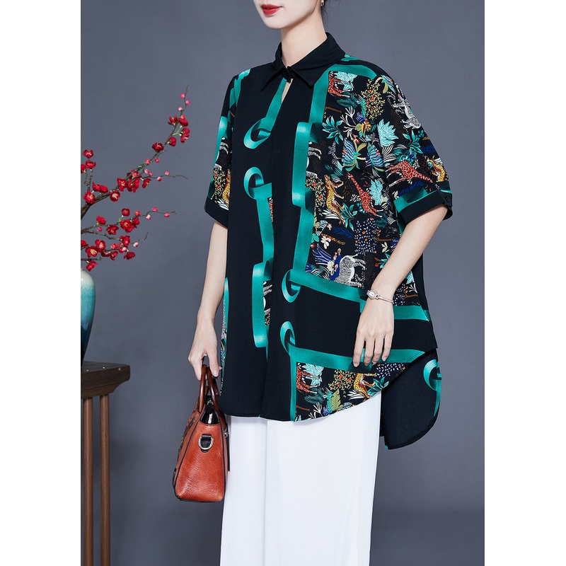 French Black Oversized Print Silk Shirt Top Summer