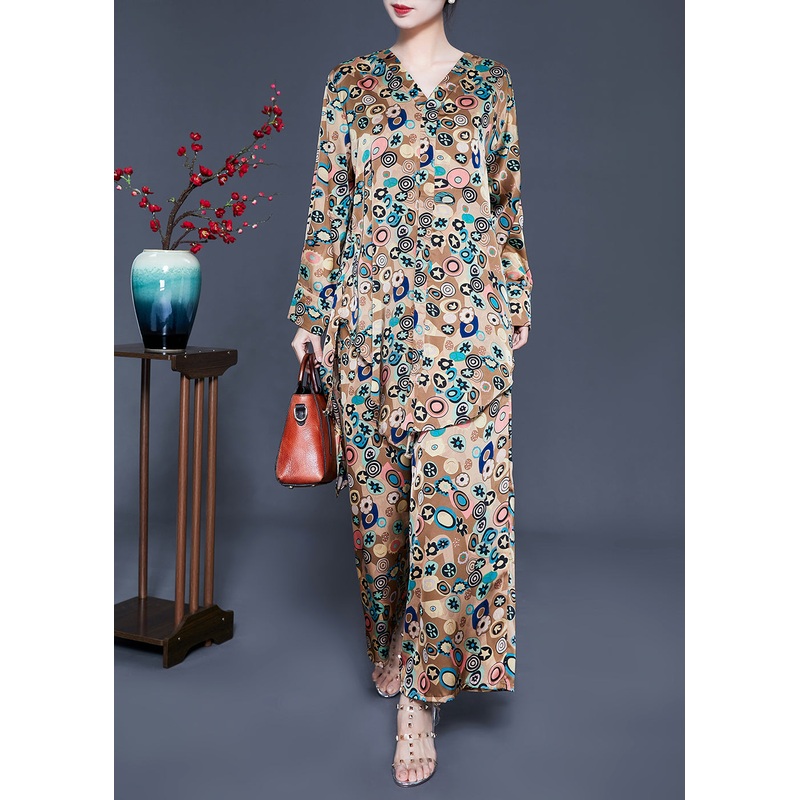 French Khaki Print Tie Waist Asymmetrical Design Silk Two-Piece Set Summer
