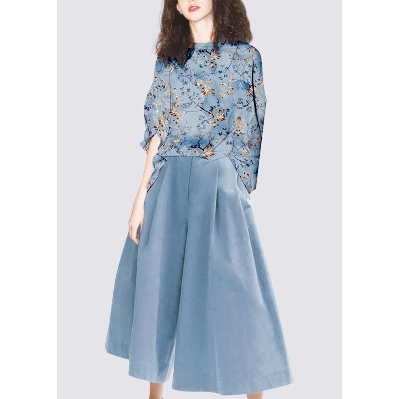 French Light Blue Print Original Design Chiffon Two Pieces Set Summer