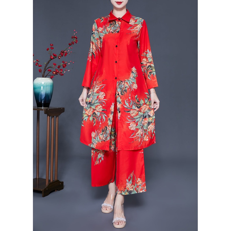 French Red Peter Pan Collar Print Chiffon Women Sets 2 Pieces Summer