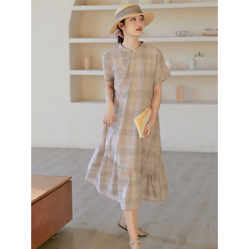 Irregular Splice Plaid Elegant Button Pleated Dress