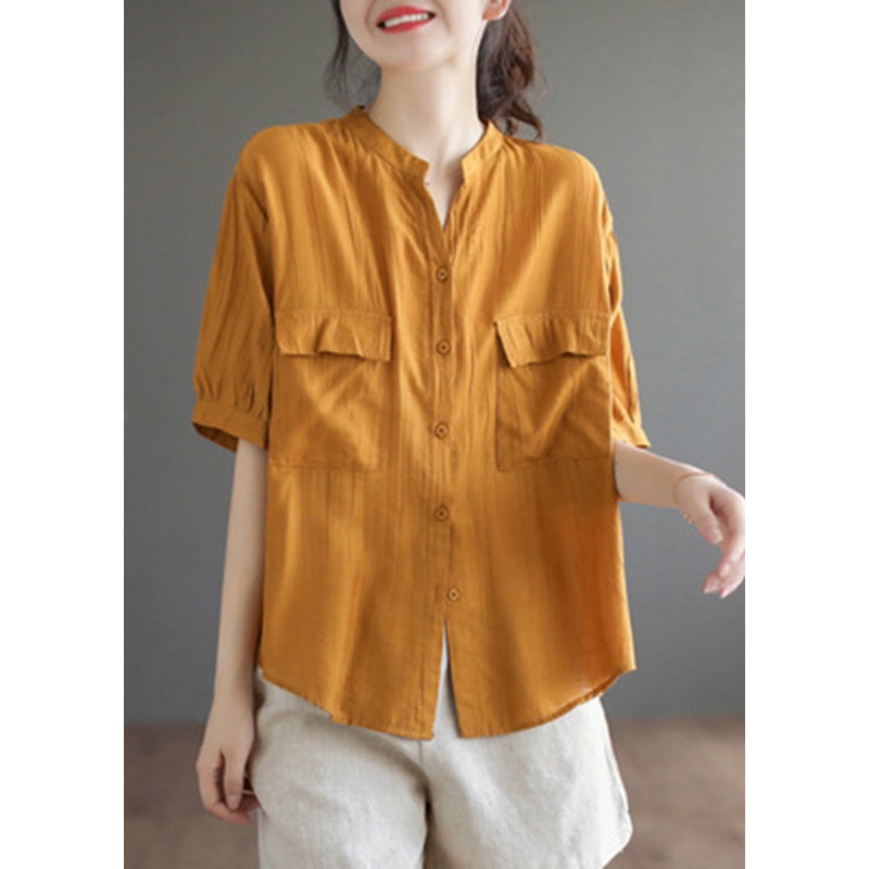 Italian Yellow V Neck Patchwork Button Solid Cotton Shirt Short Sleeve