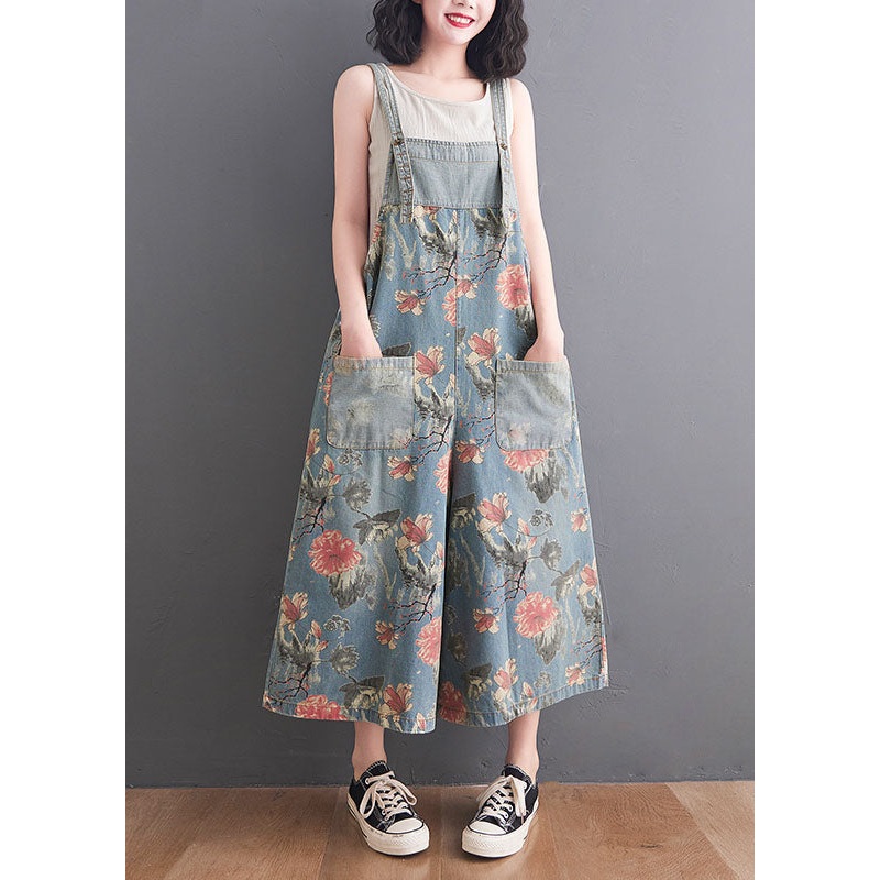 Light Blue Print Patchwork Denim Jumpsuit With Pockets