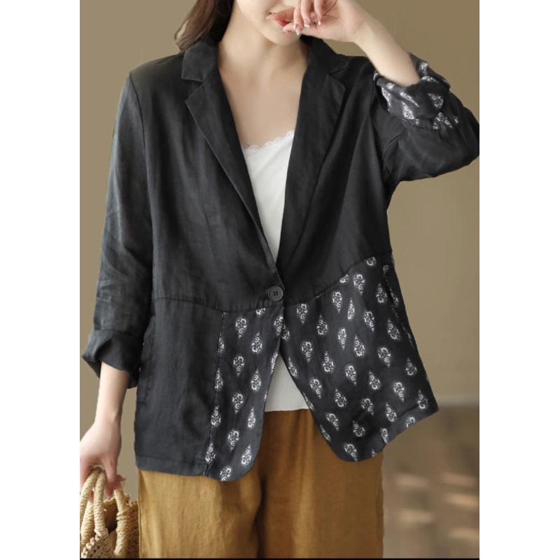Loose Black Peter Pan Collar Patchwork Print Ramie Coats Spring