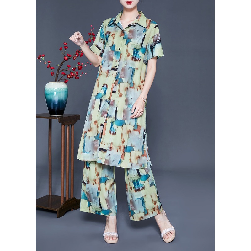 Loose Peter Pan Collar Print Silk Long Shirt And Straight Pants Two Piece Set Summer