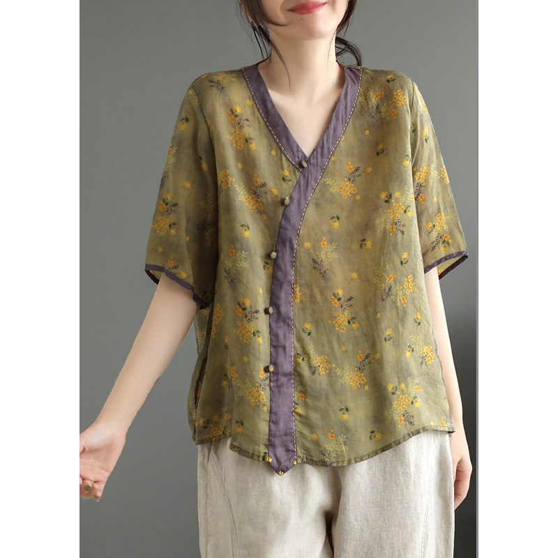 Loose Yellow V Neck Button Ramie Top Summer
