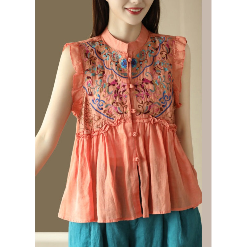 Orange Ruffled Button Ramie Shirt Summer