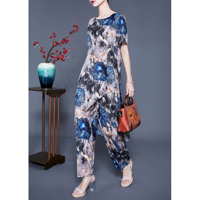 Plus Size Asymmetrical Design Tie Dye Silk Two Pieces Set Summer