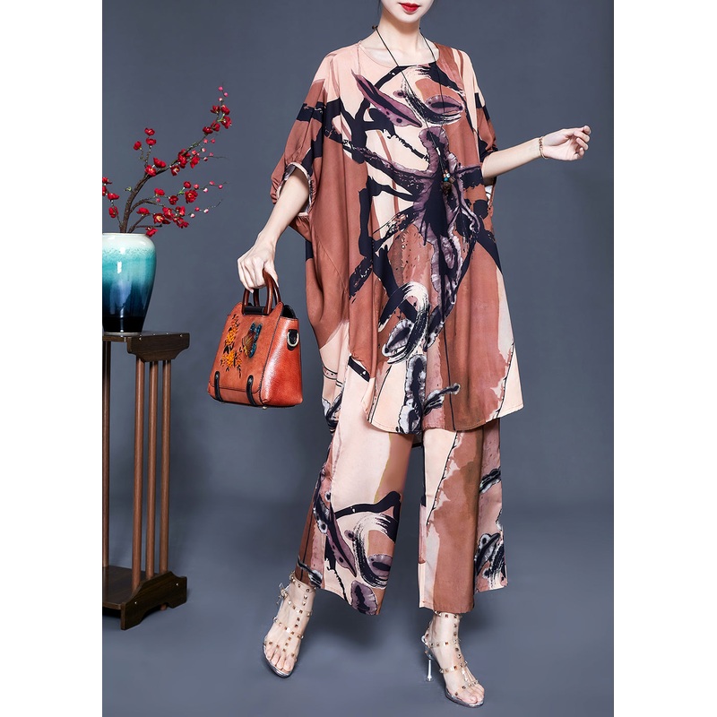 Plus Size Khaki Print Oversized Side Open Silk Two Pieces Set Batwing Sleeve