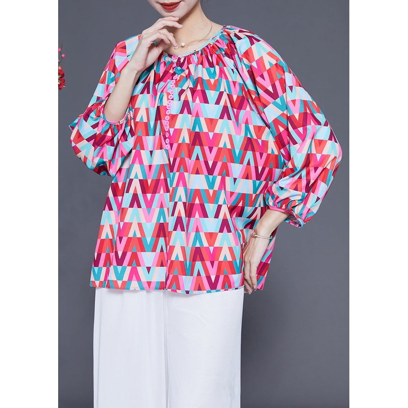 Plus Size Red O-Neck Print Button Chiffon Blouse Top Bracelet Sleeve