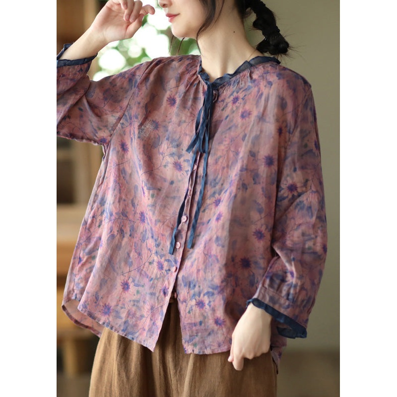 Purple O-Neck Ruffled Button Ramie Shirts Spring