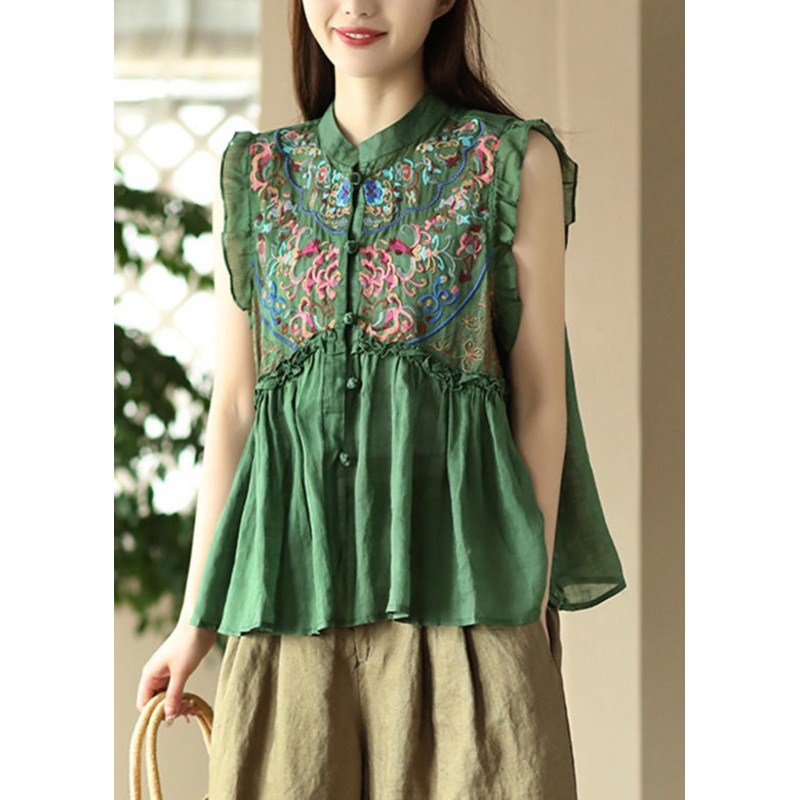 Retro Green Stand Collar Patchwork Ramie Top Sleeveless