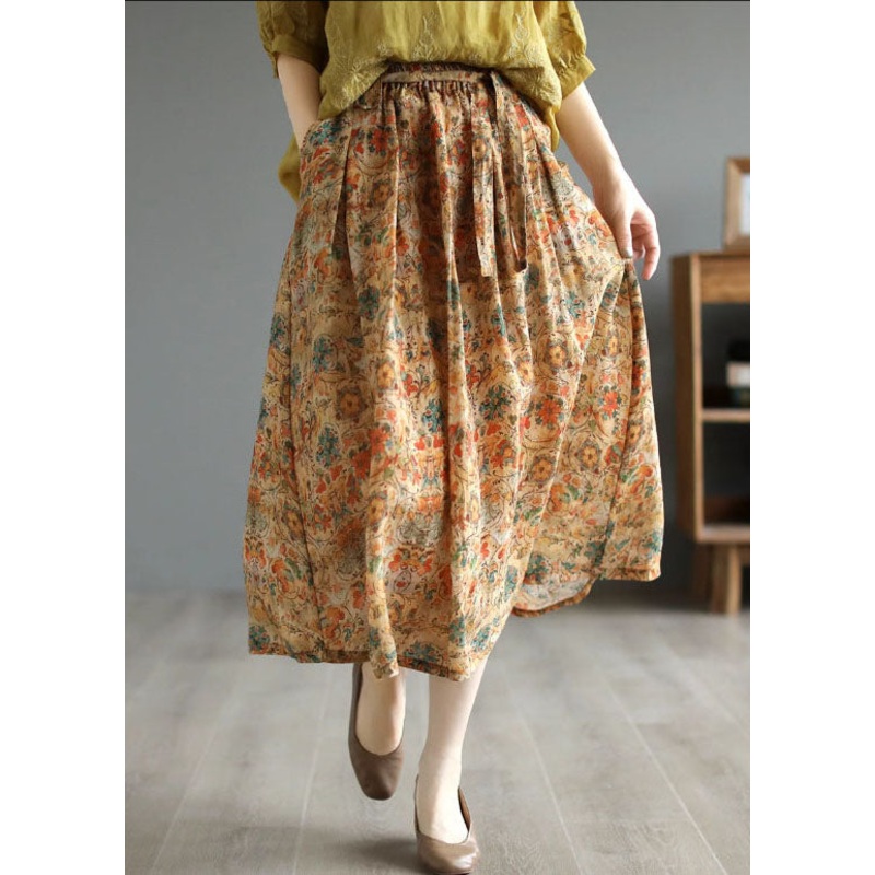 Retro Khaki Wrinkled Pockets Print Patchwork Linen Skirts Summer