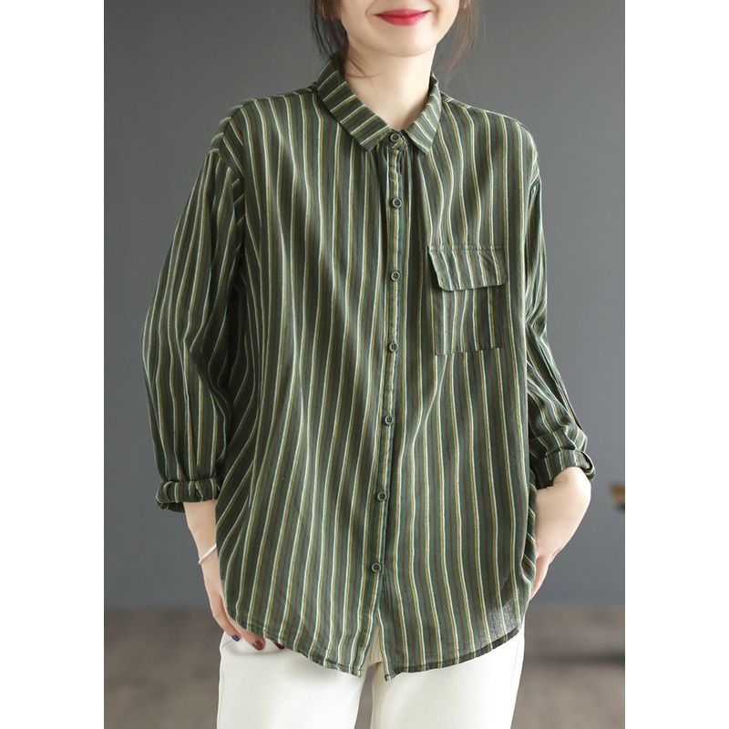Simple Green Peter Pan Collar Striped Button Cotton Shirt Long Sleeve
